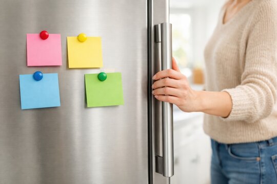 A person in a beige sweater opens a stainless steel refrigerator door with colorful sticky notes pinned on it.