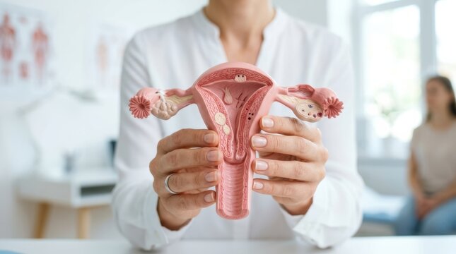 A person holds a detailed anatomical model of the female reproductive system in a clinical setting.