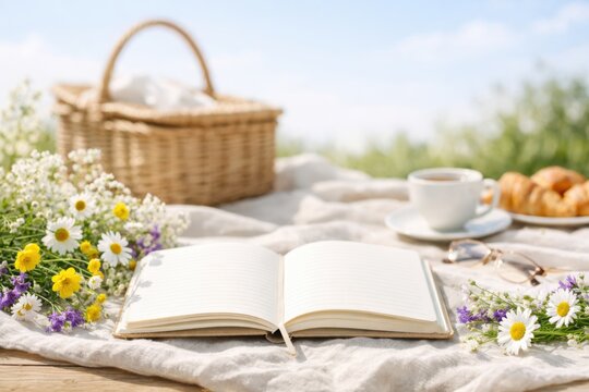 A serene picnic setup with an open notebook, basket, flowers, coffee, and croissants on a sunny day.