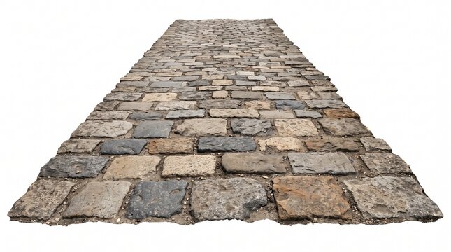 Rough textured stone pathway receding into distance on plain white background