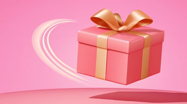 Pink background with glossy pink gift box and gold ribbon bouncing in air, celebratory present