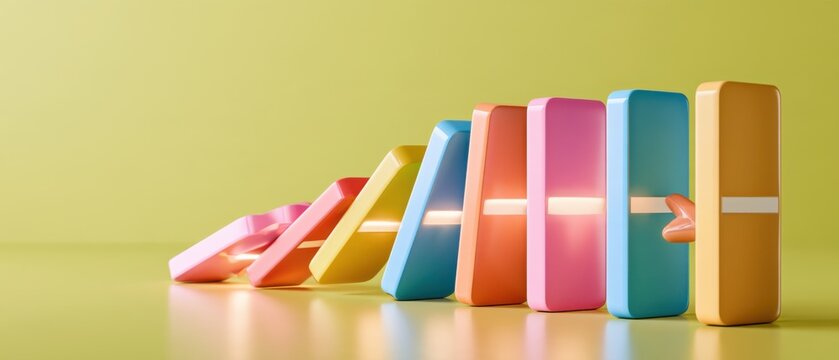 3D render of colorful glossy dominoes falling in chain sequence on yellow background, reaction process
