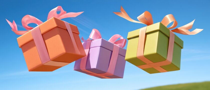 Three gift boxes with satin ribbons flying through blue sky in tangerine, lilac and green colours, birthday and holiday celebration concept