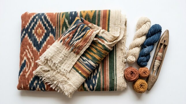 Colorful handwoven ethnic textile with traditional pattern isolated on white background