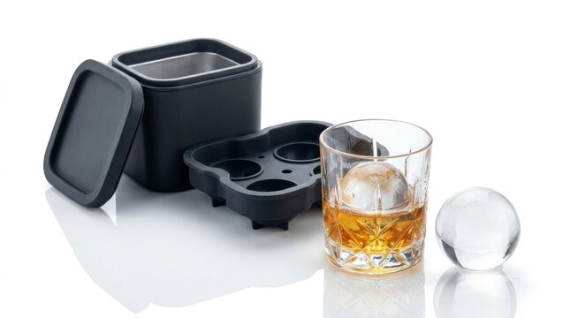 Ice ball maker tray and glass of whiskey with ice, home bartending set