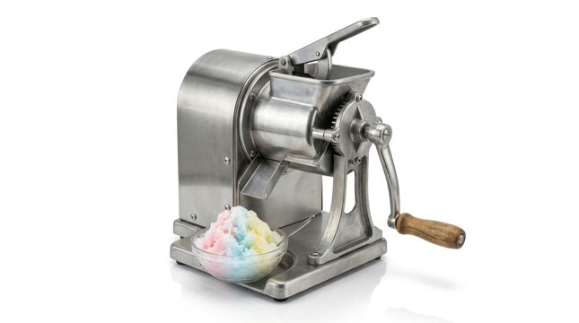Hand operated snow cone ice crusher machine on white background