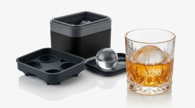 Whiskey tumbler with clear ice sphere and silicone mold, cocktail bar tools