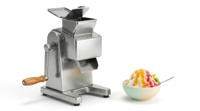 Stainless steel hand crank ice shaver machine with shaved ice dessert bowl isolated on white