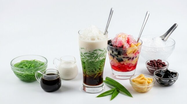 Colorful toppings and cups for es campur, tropical iced dessert set