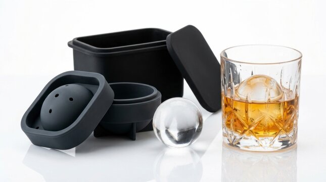 Large ice cube tray with whisky on the rocks glass, bar accessory on white background