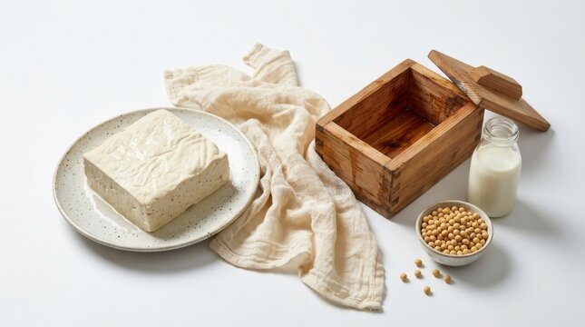 Homemade tofu blocks with wooden press mold and soybeans, plant based protein on white