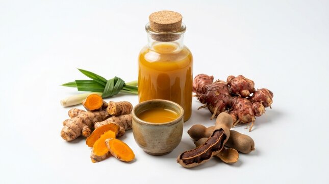 Natural herbal medicine bottle and rhizomes, Indonesian jamu concept