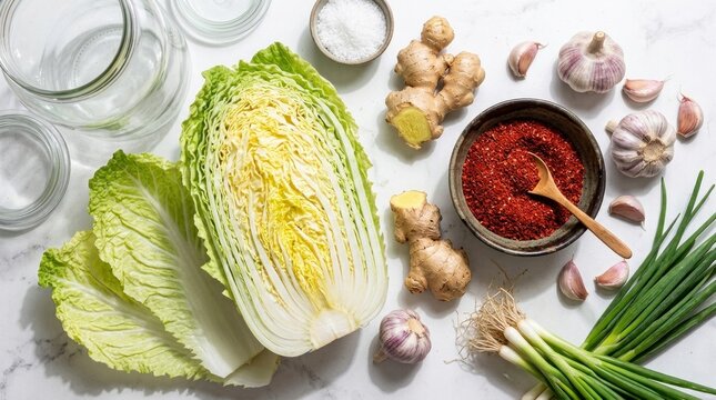 Kimchi making ingredients with Chinese cabbage and spices, top view