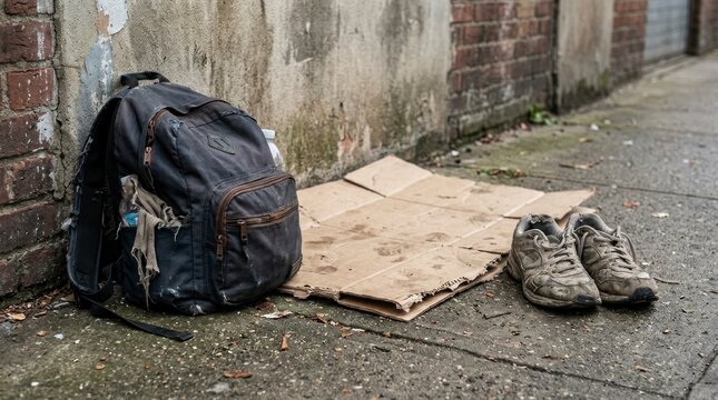 Abandoned bag and sleeping mat in street corner, housing crisis concept