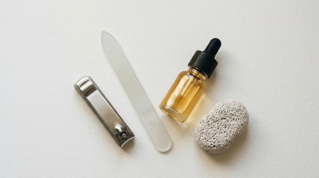 Golden skincare oil with dropper and beauty tweezers, product shot on white