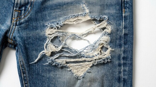 Torn faded jeans with frayed threads, fashion distressed denim on white