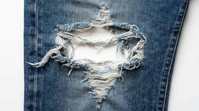 Close up of ripped blue denim jeans with distressed holes isolated on white background