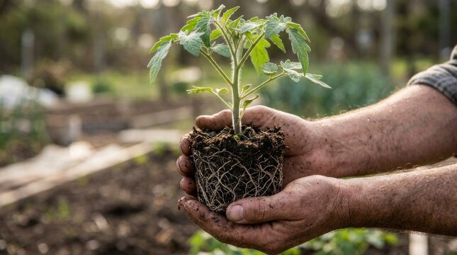 Farmer hands cradling fertile soil and sprout outdoors, sustainable agriculture