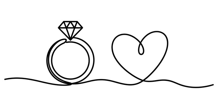 Continuous line drawing of a diamond ring and a heart shape isolated on transparent background