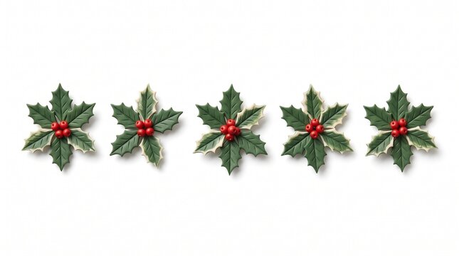 Five handmade clay holly sprigs with red berries arranged in a horizontal row on white