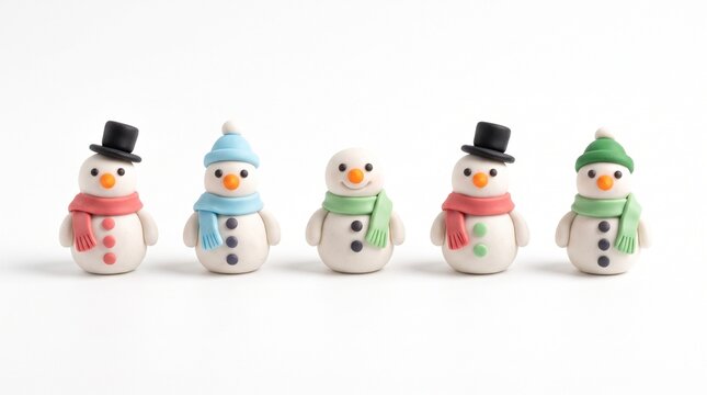 Five handmade polymer clay snowmen with colorful hats and scarves arranged in a row on white