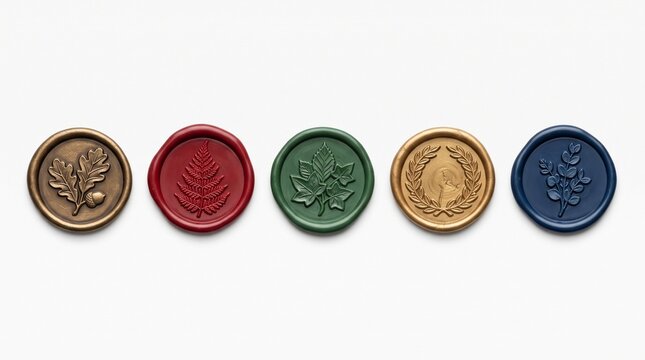 Five colorful wax seals with botanical leaf and acorn impressions arranged in a horizontal row