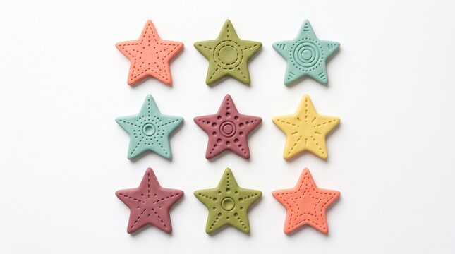Colorful clay star ornaments arranged in a grid for christmas and thanksgiving holiday craft projects