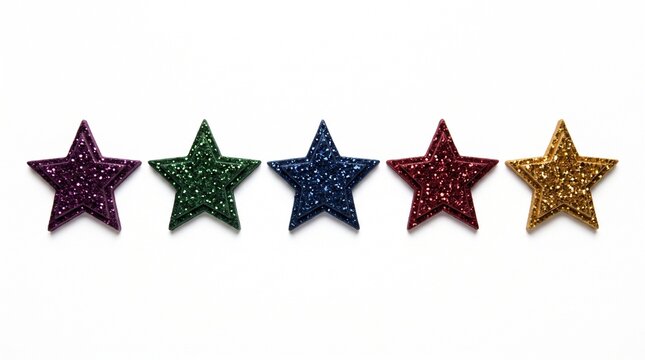 Five colorful glitter star icons arranged in a horizontal row isolated on a clean white background for holiday decoration