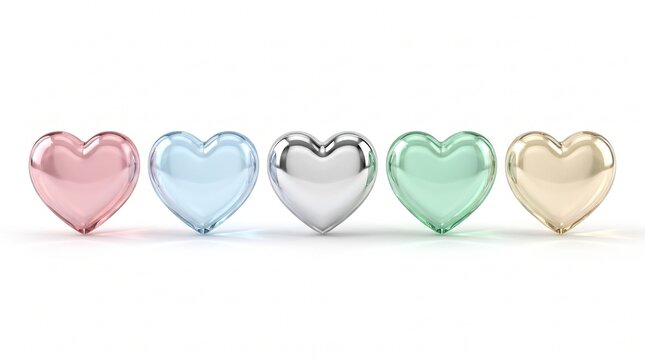 Five colorful glass hearts arranged in a horizontal row isolated on a clean white background for romantic holiday themes