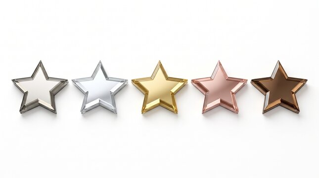 Five metallic star icons in silver gold rose gold and bronze colors arranged in a horizontal row on white