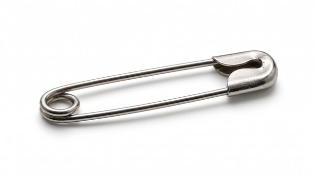 Single silver safety pin isolated on white background showing metallic texture and sharp point for sewing and craft projects