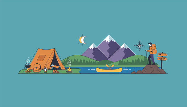 Detailed camping and hiking landscape scene featuring a tent by a lake, a campfire, distant mountains, and a hiker at a viewpoint.