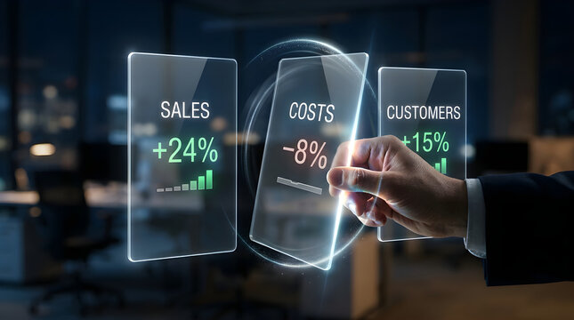 Business analytics dashboard with holographic screens displaying sales growth, cost reduction, and customer metrics in corporate office
