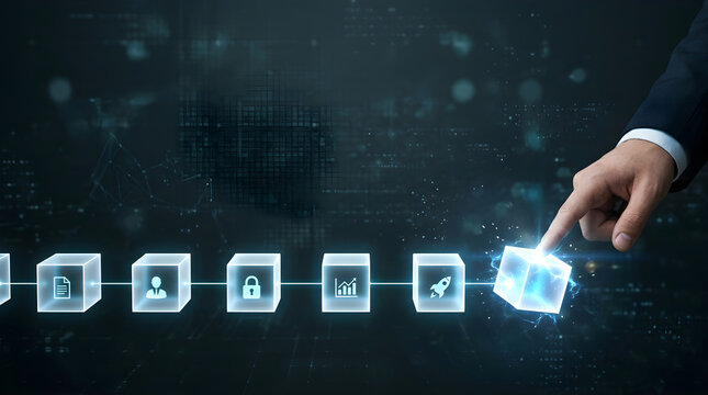 Blockchain Technology Concept with Businessman Touching Glowing Block in Chain