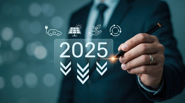Businessman hand writing year 2025 on transparent screen with sustainability icons including electric vehicle charging, solar panel