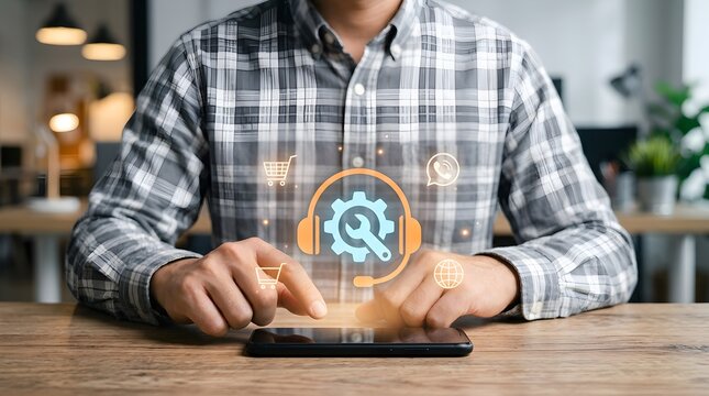 Man using smartphone with digital customer support icons on wooden office desk