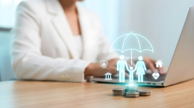 Businesswoman using laptop with digital family insurance icons on wooden desk surface