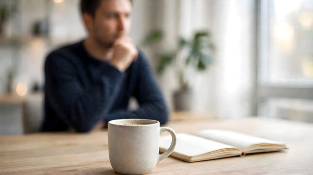 A modern office desk featuring an open laptop, a ceramic coffee mug, and a pair of eyeglasses in the foreground, with a professional adult sitting thoughtfully in the softly blurred background. 