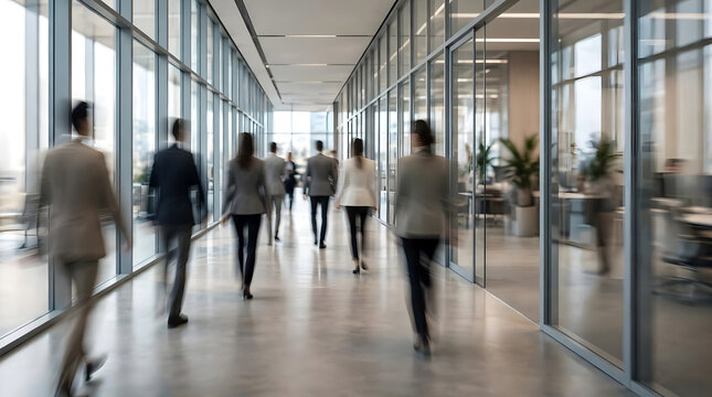 A blurred view of business professionals walking through a sophisticated glass-walled office corridor, motion blur creating a sense of movement, productivity, and a busy corporate work environment.