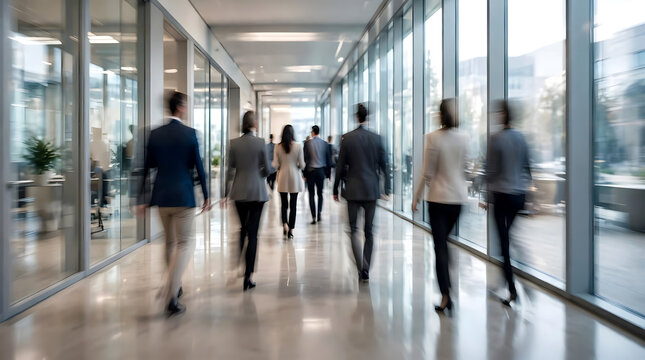 A blurred view of business professionals walking through a sophisticated glass-walled office corridor, motion blur creating a sense of movement, productivity, and a busy corporate work environment.