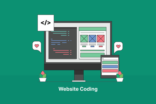 Website developer writing codes for web development and application development on computer screen. Website development and maintenance.