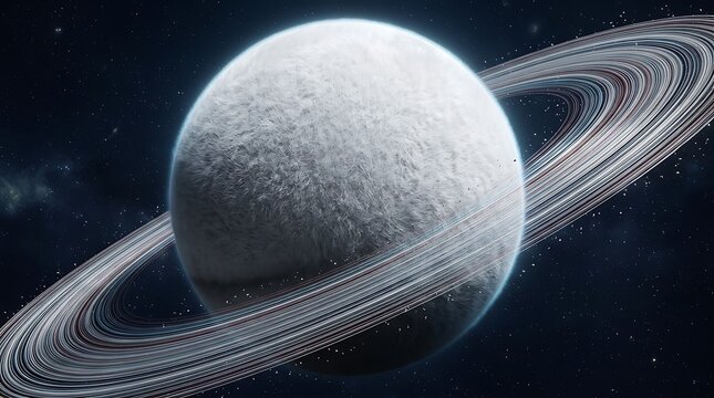Surreal White Furry Planet with Rings in Deep Space Background   