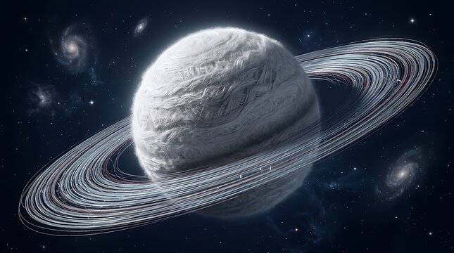 Surreal White Furry Planet with Rings in Deep Space and Galaxies