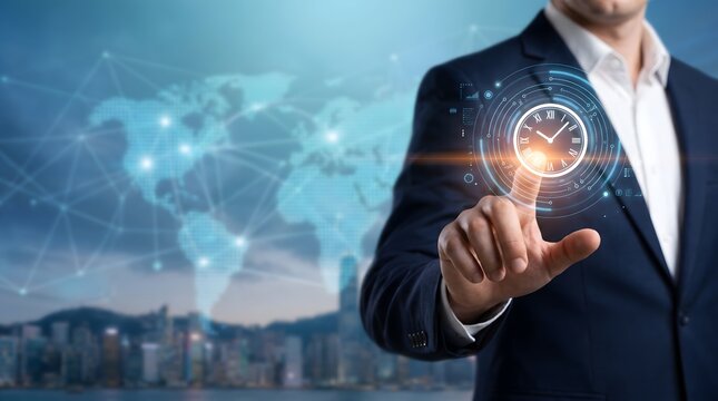 Businessman interacting with a digital clock interface representing global time management