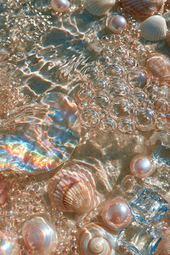 Perlmuttfarbene Muscheln und Seifenblasen im Wasser in Rosa und Gold