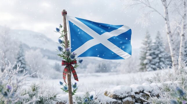Waving Scotland Saltire flag in winter, Scottish snowy highland landscape banner with thistle flowers on flag pole