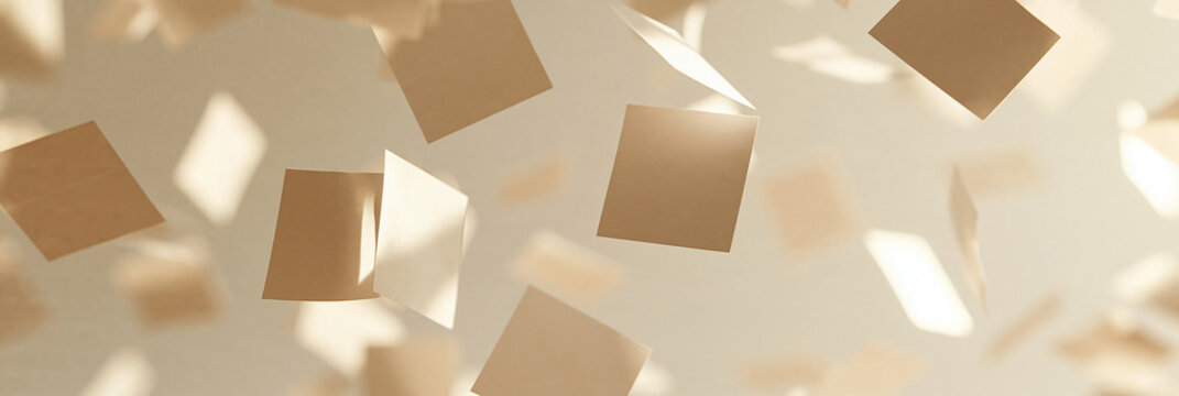 Beige Papierquadrate schweben vor hellem Hintergrund, minimalistisch