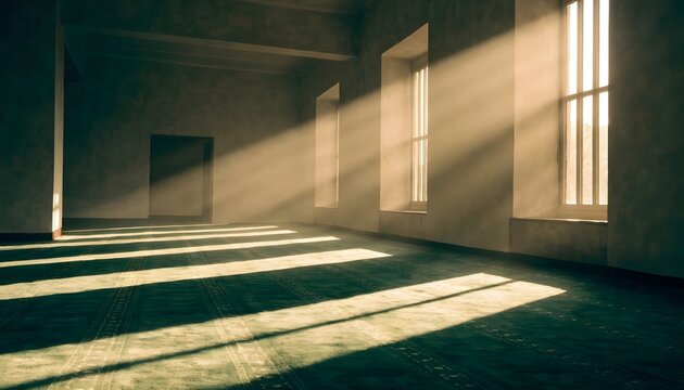 Mosque interior and spiritual atmosphere. Sunlight streaming through windows onto a carpeted prayer hall. Empty prayer hall with light rays illuminating dust particles
