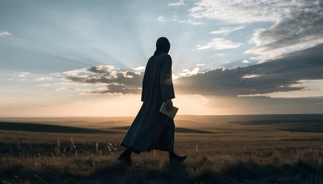 Islamic spiritual journey and religious devotion. Faith and guidance in nature. Person wearing a thobe walking across a grassy field carrying a book at sunset