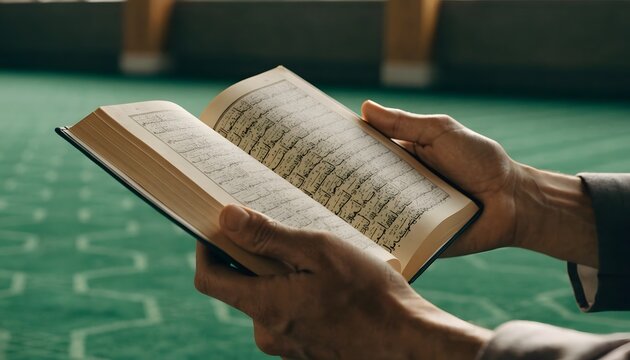 Holy Quran recitation and Islamic studies. Spiritual guidance and religious education. Person holding and reading the Quran with an open book inside a mosque